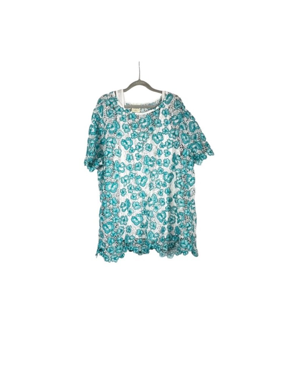 Bedford Fair 2X Teal Floral Crochet Lace Overlay Blouse White Tank Plus Size